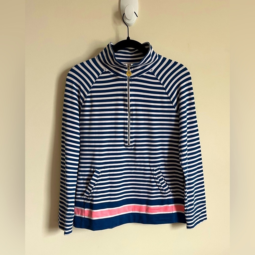Lilly Pulitzer Half Zip Popover Navy/White/Mellon Striped Pullover Top Sz Sm EUC